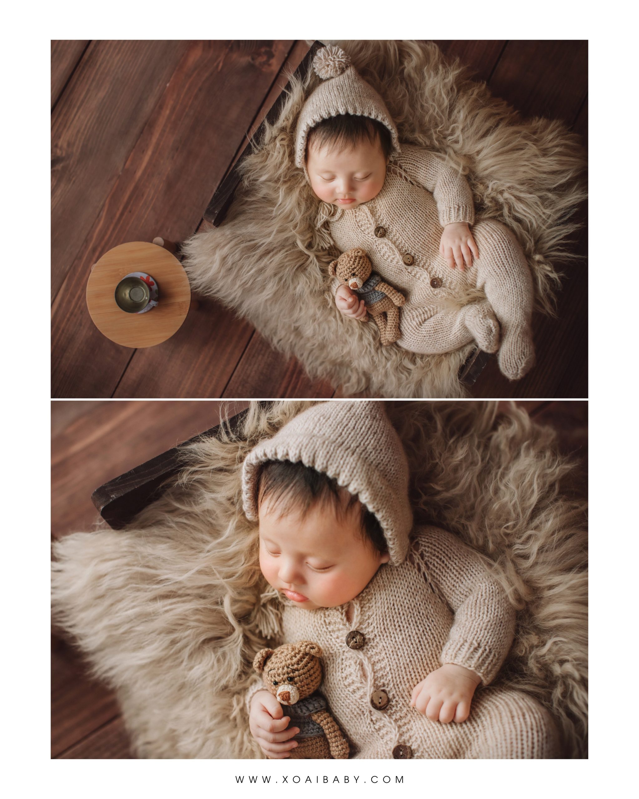 Bạn có thể dùng mũ len và thảm lông để tạo bộ ảnh đẹp cho bé